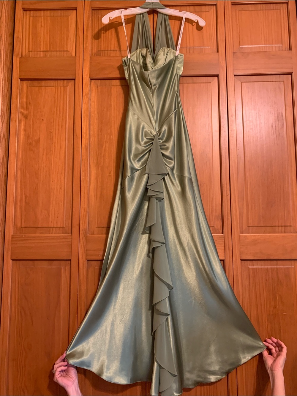 Olive Satin Halter Ruffle-Detail Formal/Evening Dress